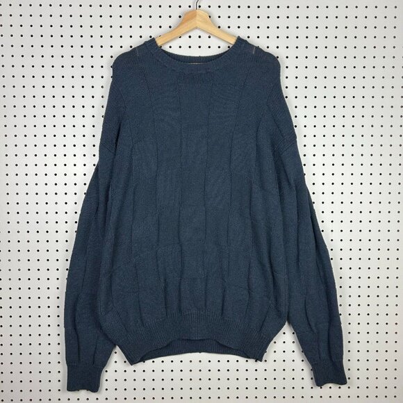 Roundtree & Yorke Chunky Blue Knit Sweater Large Checkered Cosby Grandpa 90s - Picture 2 of 6